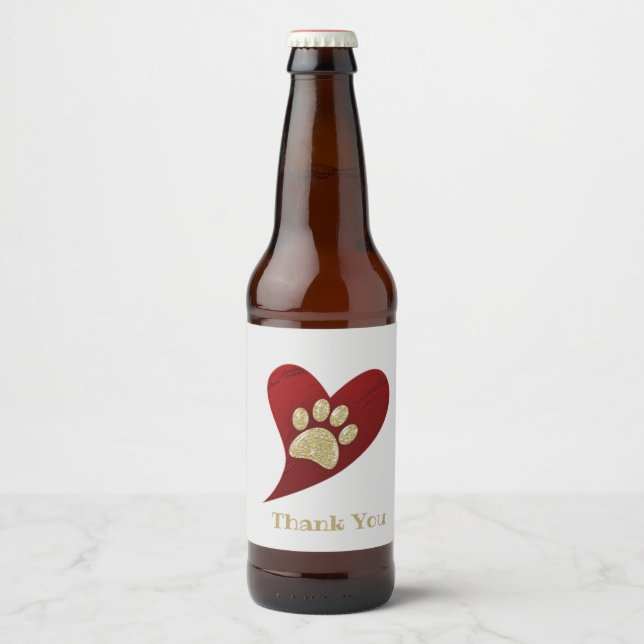 Vielen Dank Red Heart Gold Paw Print Wertschätzung Bierflaschenetikett (Vorderseite)