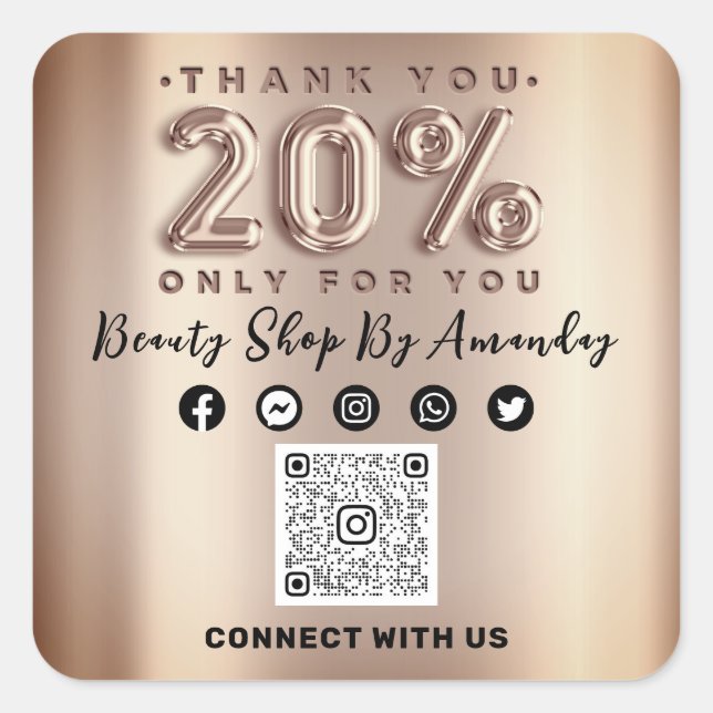 Vielen Dank Rose 20% Rabatt QR CODE Online Social Quadratischer Aufkleber (Vorderseite)