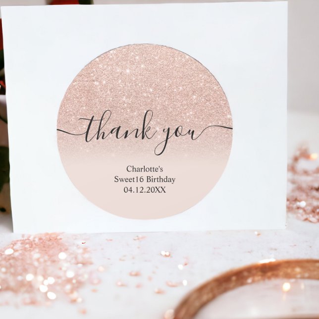 Vielen Dank Rose Gold Glitzer ombre Sweet 16 Runder Aufkleber (Thank you rose gold glitter ombre Sweet 16 Classic Round Sticker)