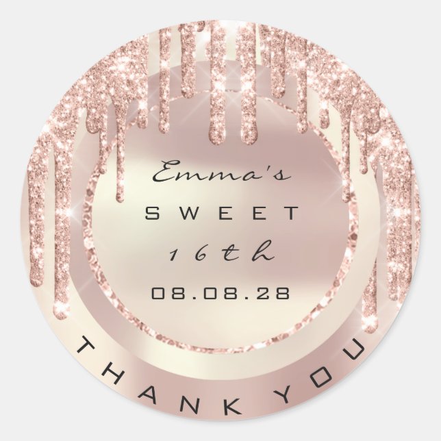 Vielen Dank Rose Tropfen Sweet 16. Glitzer 15. VIP Runder Aufkleber (Vorderseite)