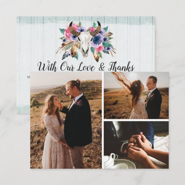 Vielen Dank Rustikale Blütenkuh Skull Boho Fotokar Dankeskarte (Vorne/Hinten)