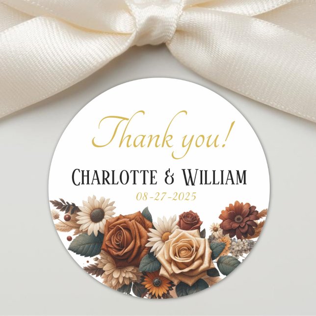 Vielen Dank! Rustikale Hochzeit Runder Aufkleber (Thank you! Rustic Floral Wedding Classic Round Sticker)