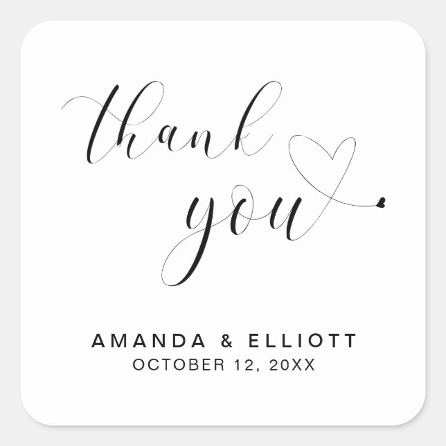 Vielen Dank, Schwarz und Weiß Typografie Hochzeit Quadratischer Aufkleber (Vorderseite)