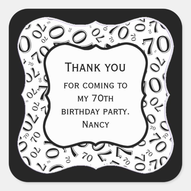 Vielen Dank: Schwarz/Weiß 70 Zahlenmuster - Klamme Quadratischer Aufkleber (Vorderseite)