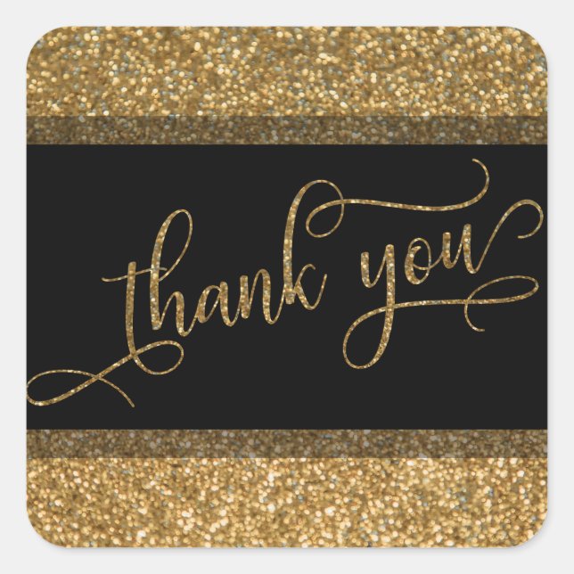 Vielen Dank, Script, Gold Glitzer Border & Text Quadratischer Aufkleber (Vorderseite)