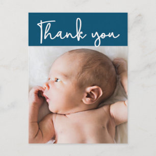 Vielen Dank, Script Modern blue Baby Foto Birth Ankündigungspostkarte