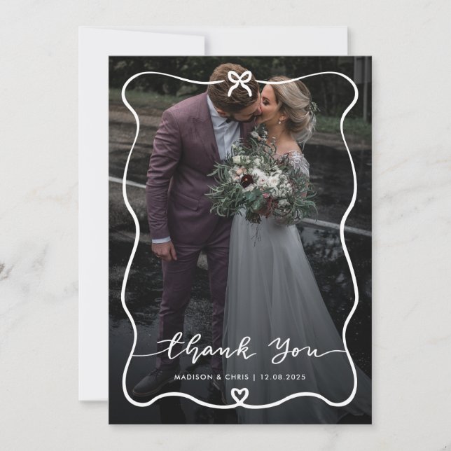 Vielen Dank Script Wedding Foto Niedlich Bow Heart Dankeskarte (Vorderseite)