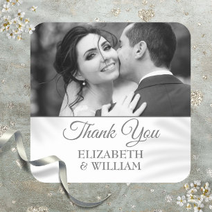 Vielen Dank Script Wedding Foto Silver Gefallen Quadratischer Aufkleber