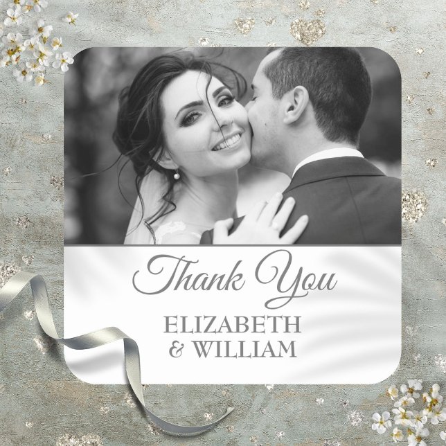 Vielen Dank Script Wedding Foto Silver Gefallen Quadratischer Aufkleber (Thank You Script Wedding Photo Silver Favor Square Sticker)