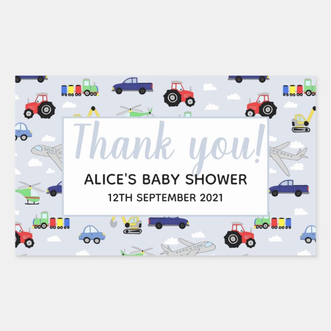 Vielen Dank, Sie Transport Pattern Boy Baby Dusche Rechteckiger Aufkleber (Vorderseite)