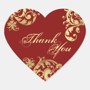 Vielen Dank Siegel - Red & Gold Floral Wedding Herz-Aufkleber