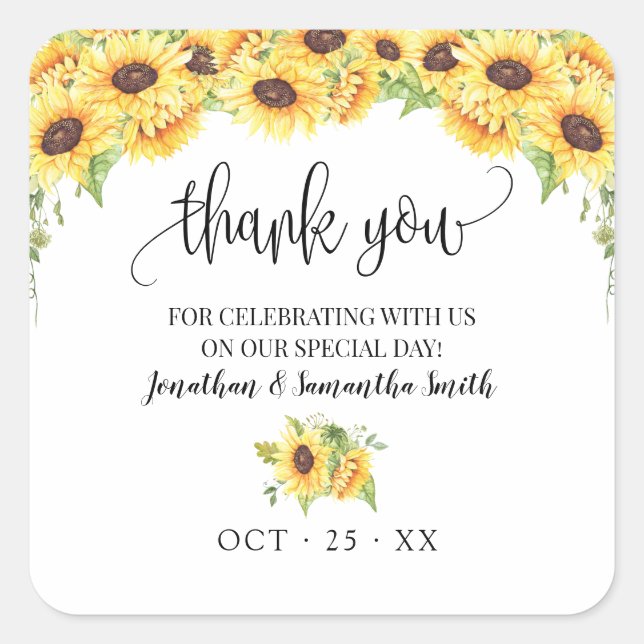Vielen Dank Sonnenblumen blumengeschmückte Country Quadratischer Aufkleber (Vorderseite)