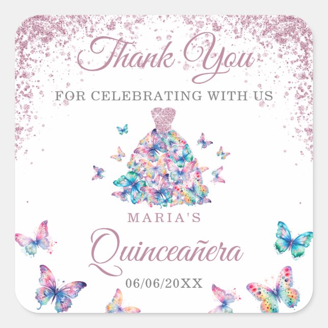Vielen Dank Sparkling Schmetterlinge Gown Quincean Quadratischer Aufkleber (Vorderseite)