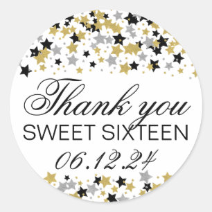 Vielen Dank Sweet 16 Gold Glitzer Star Confetti Runder Aufkleber