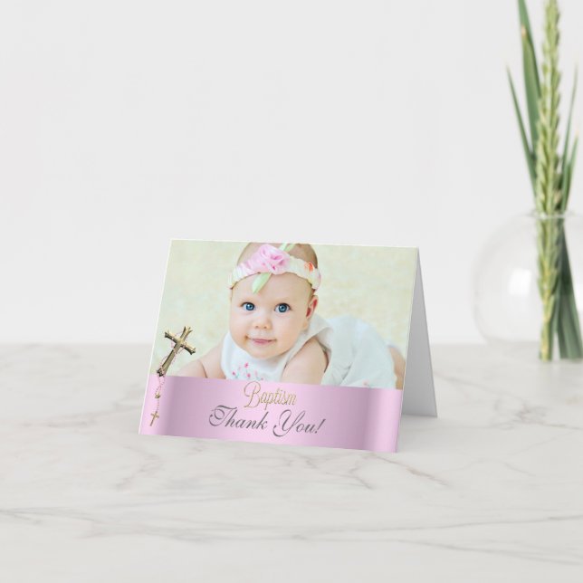 Vielen Dank Taufe Pink Cross Girl Lace 2 Dankeskarte (Vorderseite)