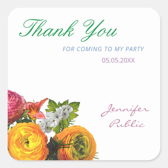 Vielen Dank Template Watercolor Blume Rose Skript Quadratischer Aufkleber (Vorderseite)