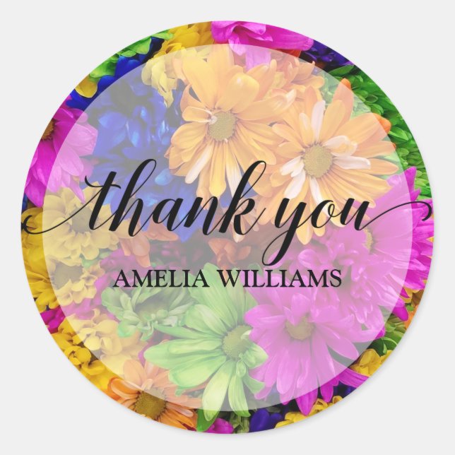 Vielen Dank Text farbige Blume Runder Aufkleber (Vorderseite)