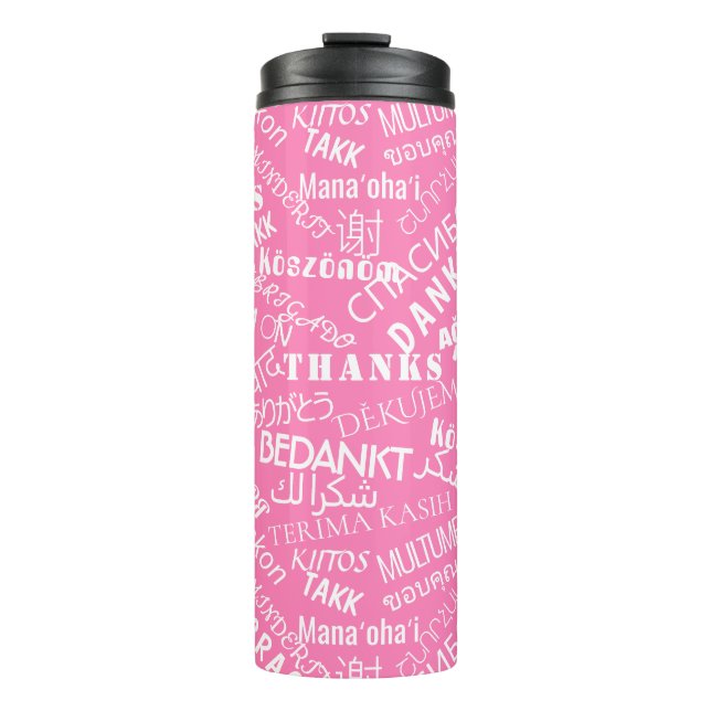 Vielen Dank Text Pink Thermal Tumbler Multilingual Thermosbecher (Vorderseite)