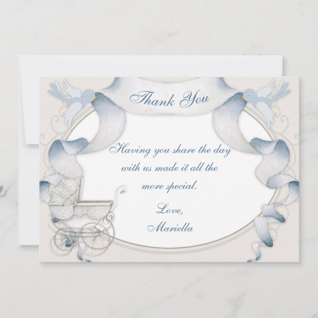 Vielen Dank Vintag Carriage Ivory Blue Gingham Dankeskarte (Vorderseite)