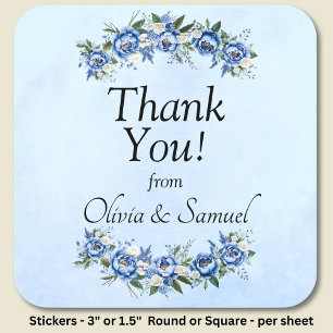 Vielen Dank von Bride & Groom Names Blue Peony Quadratischer Aufkleber