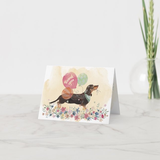 Vielen Dank von Ihnen und Dackel Hund und Ballons Dankeskarte (Vorderseite)