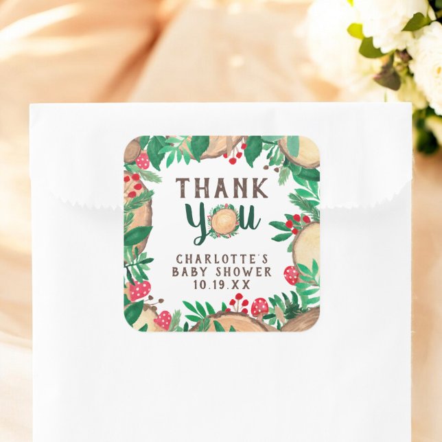 Vielen Dank Waldwald Wasserfarbendusche Quadratischer Aufkleber (thank you forest woodland watercolor baby shower square sticker)