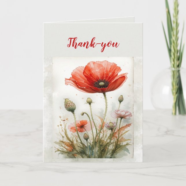 Vielen Dank Watercolor Simple Elegant Red Poppy Dankeskarte (Vorderseite)