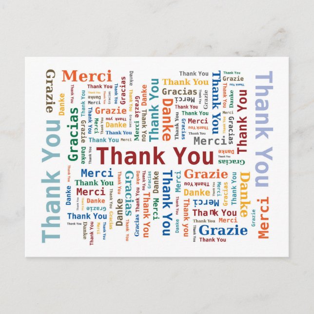 Vielen Dank Word Cloud in 5 Sprachen Postkarte (Vorderseite)