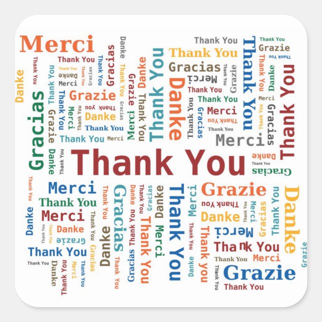 Vielen Dank Word Cloud in 5 Sprachen Quadratischer Aufkleber (Vorderseite)