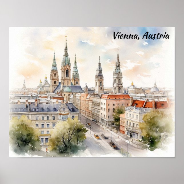 Vienna Austria Panorama View Watercolor Painting Poster (Vorne)