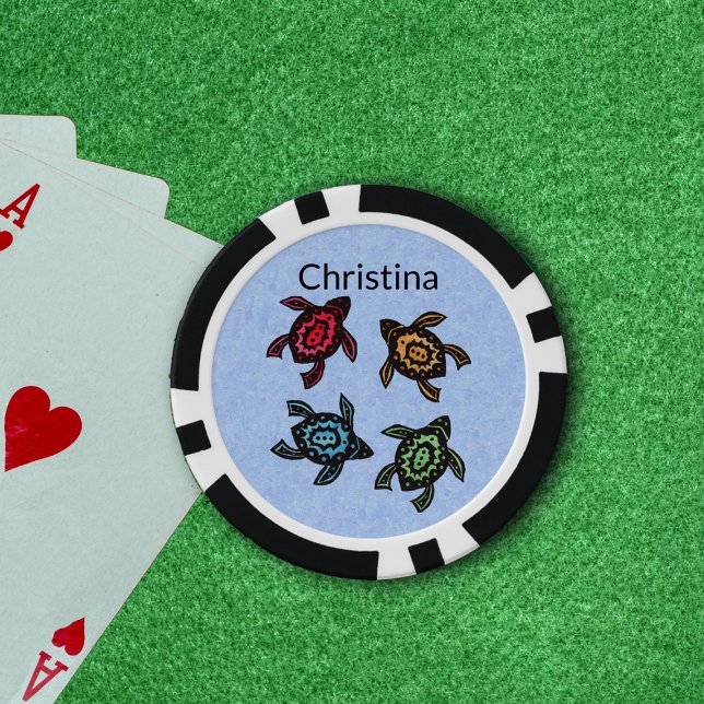 Vier Abstrakte Schildkröten mit farbigen Muscheln  Pokerchips (Four brightly coloured abstract black turtles on patterned light blue poker chips.)