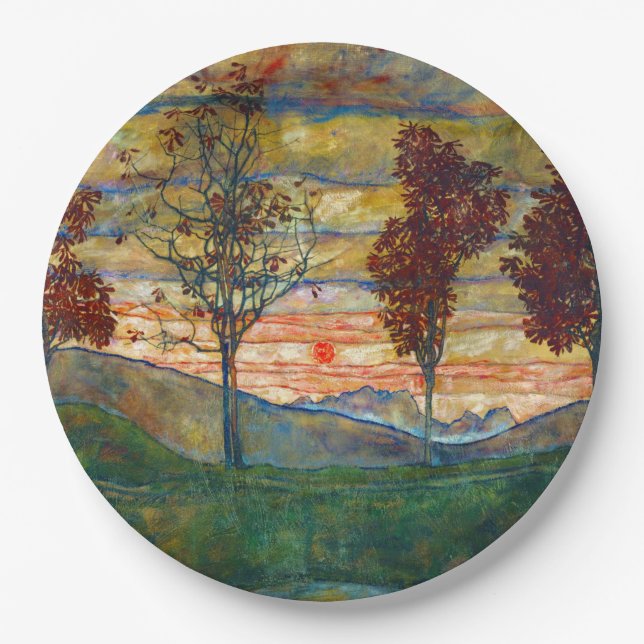 Vier Bäume (Landschaftskunst) (von Egon Schiele) Pappteller (Vorderseite)