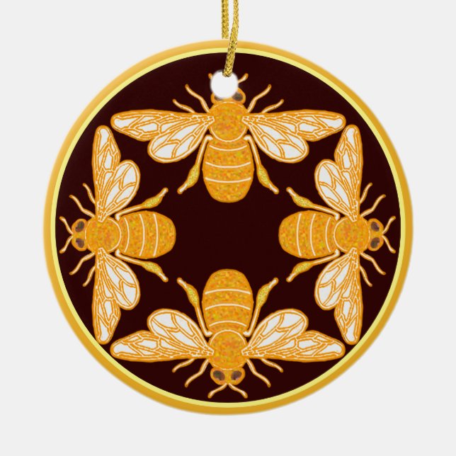 Vier Bienen auf dunkelbraunem Goldfeldrand Keramik Ornament (Vorne)
