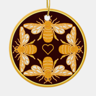 Vier Bienen auf dunkelbraunem Goldfeldrand Keramik Ornament