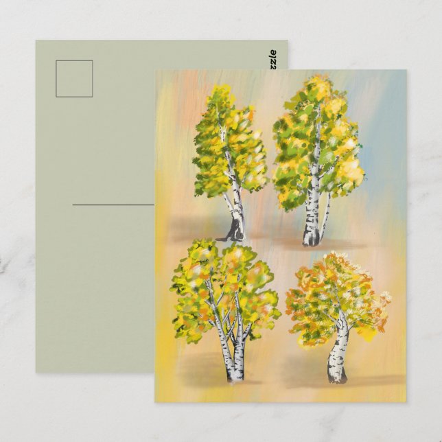 Vier Birken in Farbe, Botanik. Postkarte (Vorne/Hinten)