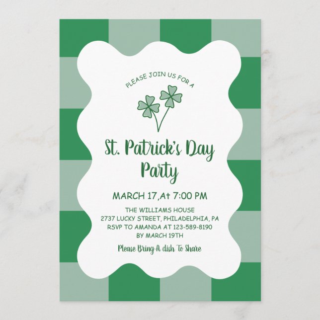 Vier-Blatt-Klee-Schachbrett St. Patrick's Day  Einladung (Vorderseite)