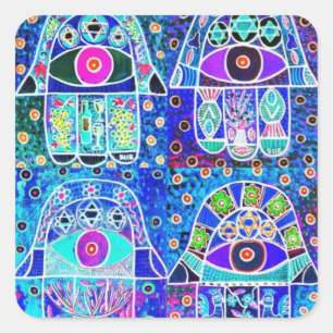 Vier Blaue Hamsa Vintage-Tapastry-Judaica Quadratischer Aufkleber