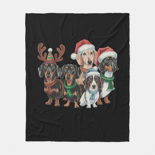 Vier Dackeln Hunde mit festlicher Kleidung Fleecedecke (Vorderseite)