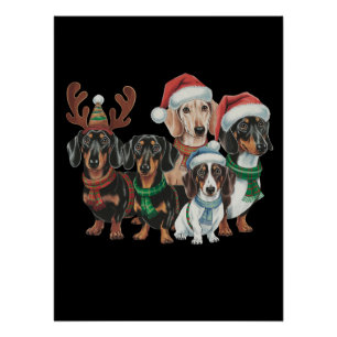 Vier Dackeln Hunde mit festlicher Kleidung Poster