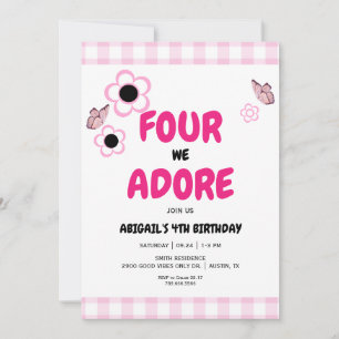 Vier, die wir lieben, 4. Geburtstag Mädchen Rosa G Einladung