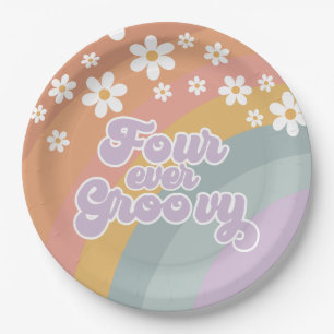 Vier Ever Groovy Retro Regenbogen Pappteller