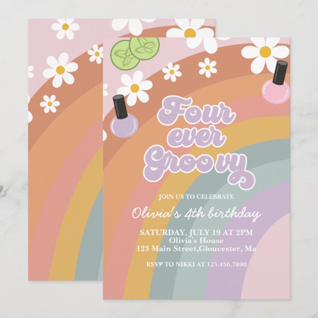 Vier Ever Groovy Wellness-Center Regenbogen 4. Geb Einladung (Vorne/Hinten)