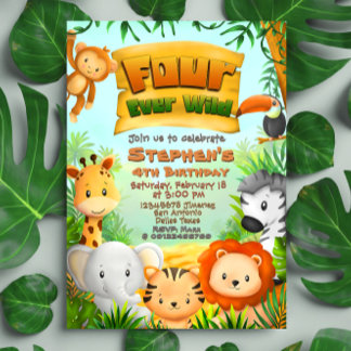 Vier Ever Wild Safari Geburtstag Einladung
