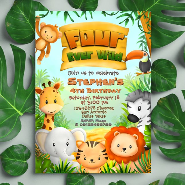 Vier Ever Wild Safari Geburtstag Einladung (Four Ever Wild Safari 4th Birthday Invitation)