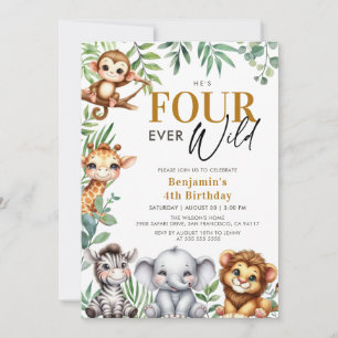 Vier Ever Wild Safari Jungle Tiere 4. Geburtstag Einladung