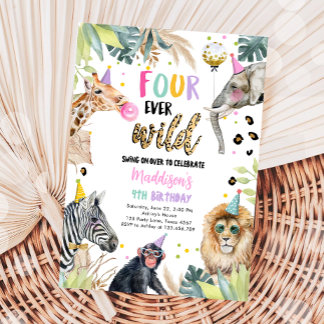 Vier Ever Wild Safari Party Tiere 4. Geburtstag Einladung