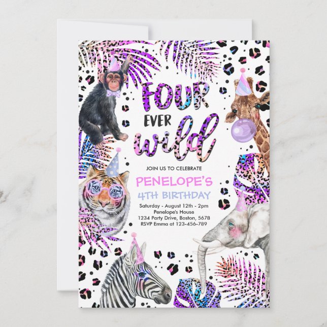 Vier Ever Wild Safari Regenbogen Cheetah 4. Geburt Einladung (Vorderseite)