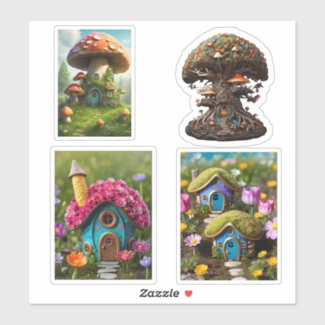 Vier Fairy Houses Fantasy Custom Cut Vinyl Sticker (Blatt)