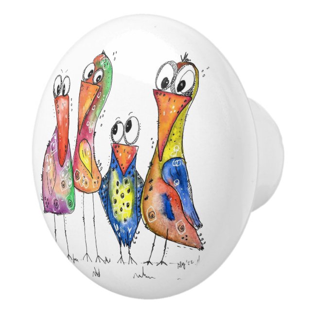 Vier farbenfrohe Whimsical Birds Keramikknauf (Rechts)
