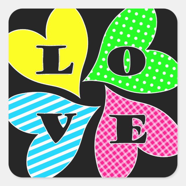 Vier farbige Herzen Quadratischer Aufkleber (Vorderseite)